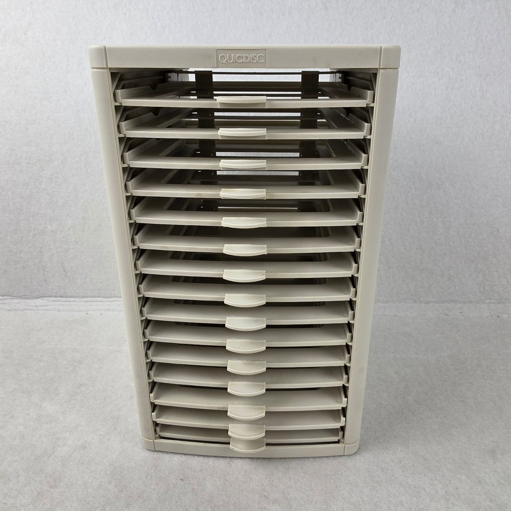 QuicDisc Vintage CD Storage Tower 15 Tray Vertical Media Organizer Off-White